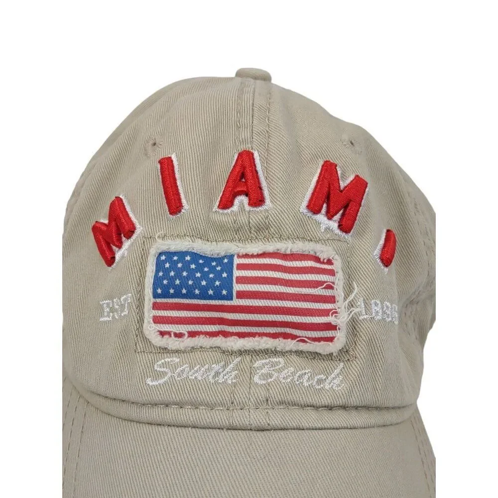 Miami South Beach American Flag Baseball Hat Embroidered Adjustable Khaki RARE!!